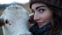 Young Caucasian woman in winter hat and scarf sharing tender moment with white calf, close-up portrait showing connection between human and farm animal in natural light.