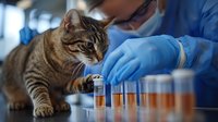Curious tabby cat watching veterinarian in protective gloves examining blood samples in test tubes at modern veterinary laboratory during medical checkup.
