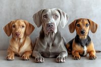 Three adorable dogs sitting in row - Weimaraner in center with Vizsla and Dachshund mix puppies on sides, looking at camera against gray background.