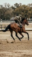 Professional jockey in racing silks riding thoroughbred horse at full gallop during training session on dirt track at equestrian facility.