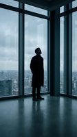 Silhouette of businessman standing by floor-to-ceiling windows overlooking city skyline from high-rise office building during overcast day.