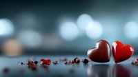 Romantic chocolate hearts and scattered cocoa crumbs on reflective surface with soft bokeh background create intimate Valentine's Day atmosphere.
