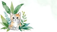 Adorable orange tabby kitten sitting among tropical green leaves on white background. Cute pet illustration for nursery decor and children designs.