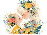 Tender moment between mother and child decorated with spring flowers in soft watercolor style. Blonde woman in yellow dress embraces young child amid floral arrangement.
