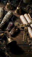 Mystical ritual tools with sage bundles, brass bells, crystals and ancient scrolls on rustic wooden surface with smoke for spiritual ceremonies.