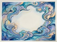 Watercolor cloud frame with swirling ornamental border in blue and purple tones, empty center space for text or design elements on white background.