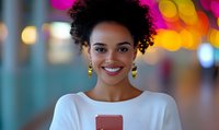Young African American woman with natural curly hair smiling while holding smartphone, wearing white sweater against blurred colorful bokeh background in urban setting.