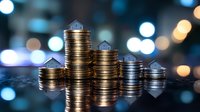 Golden coins stacked in ascending columns with miniature house models on top against blurred city lights background representing real estate investment growth.
