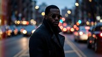 Stylish African American man wearing sunglasses and dark coat stands on urban street at dusk with blurred city lights and traffic in background. Fashion and lifestyle.