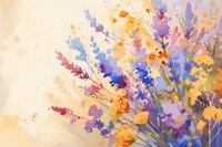 Watercolor floral composition with wild meadow flowers in purple, blue, and orange hues against soft beige background, artistic botanical arrangement.