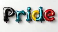 Colorful foil letter balloons spelling Pride in black, teal, yellow and red on white background for LGBTQ celebrations and party decorations.