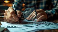 Close up of hands writing on financial documents with magnifying glass in warm evening lighting, focusing on business analysis and tax preparation details.