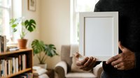 Man holding blank white frame in cozy living room with plants and bookshelves, suitable for mockup, home decor, interior design, and lifestyle marketing purposes.