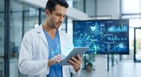 Male doctor using digital tablet with futuristic medical technology interface in modern hospital. Healthcare innovation and telemedicine concept.