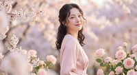 Young Asian woman in pink dress smiling among blooming cherry blossoms and roses in a dreamy spring garden setting.