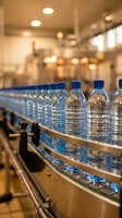 Rows of clear plastic water bottles with blue caps on industrial conveyor belt in beverage manufacturing facility with warm overhead lighting and blurred production equipment background.
