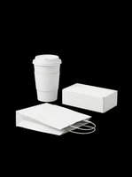 Disposable coffee cup with lid, white cardboard box, and paper bag with handles isolated on transparent background, ready for packaging design, branding mockups, print-on-demand products, and commercial use.