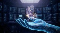 Digital transformation concept with glowing butterfly hologram floating above futuristic hand in modern data center server room for technology presentations.