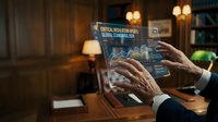Businessman analyzing financial data and stock market trends on transparent digital tablet screen in modern office environment for investment decisions.