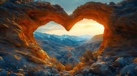 Heart-shaped natural rock arch frames dramatic mountain landscape at sunset, glowing orange sandstone formation reveals panoramic valley view and distant peaks.