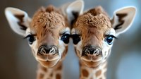 Two young giraffes with spotted coats face the camera directly, displaying their distinctive long necks, large ears, and gentle expressions. Suitable for wildlife, nature, and animal content.