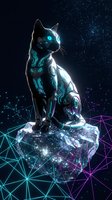 Futuristic cyberpunk cat with glowing neon circuits sitting on crystal platform against starry space background with geometric network lines.