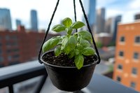 Fresh basil plant growing in hanging black pot on urban balcony with city skyline background, selective focus on aromatic herbs for home gardening and cooking.
