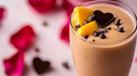 Creamy chocolate smoothie garnished with fresh mango slices and heart-shaped dark chocolate pieces against pink background with rose petals, romantic drink setup.