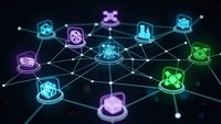 Futuristic network visualization with glowing neon icons connected by luminous lines on dark background for technology and digital communication concepts.