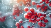 Bright red winter berries covered in fresh snow with bokeh effect background, frozen rowan fruit clusters on branch in cold weather season.