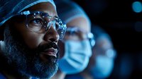 African American male scientist wearing protective glasses and beanie in dark laboratory with colleagues in surgical masks working in background. Blue toned.