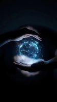 Hands holding glowing digital globe with blue light network connections against dark background, representing global technology, data connectivity, and innovation for business concepts.