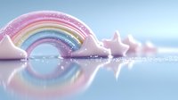 Pastel rainbow arch with stars on reflective surface in soft dreamy lighting, glitter sparkles and mirror effect create magical atmosphere for fairy tale design.