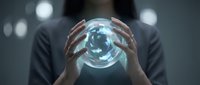 Businessman hands protecting glowing digital sphere with data visualization in modern office environment representing technology innovation and future business solutions.