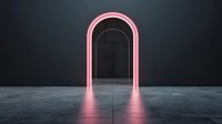 Glowing pink neon arch doorway on dark concrete floor with reflection, creating mysterious portal effect in empty minimalist space. Modern architectural design element.