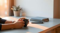 Woman hands holding coffee mug at wooden desk with books and plant in warm morning light creating cozy workspace atmosphere for relaxation and productivity.