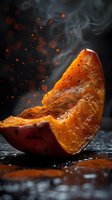 Juicy orange slice dusted with aromatic spices and cocoa powder captured in dramatic lighting with steam and bokeh effects, perfect for food marketing and culinary presentations.