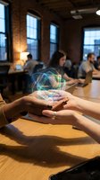 Hands holding glowing digital hologram sphere in modern office workspace with team collaboration in background for business innovation concepts.