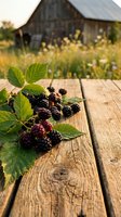 Fresh blackberries with green leaves arranged on rustic wooden table, countryside barn and wildflower field blurred in background. Harvest and farm produce.