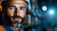 Confident construction worker with beard and hardhat in warehouse environment illuminated by dramatic blue lighting and bokeh effects in background.