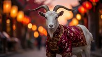 White goat wearing traditional red ornate vest with golden embroidery against warm bokeh lights background for festive holiday decorations and celebrations.