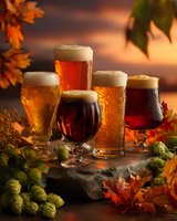 Variety of craft beer glasses with foam heads arranged on stone surface with autumn leaves and hops against sunset background.