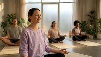 Young Asian woman meditating in peaceful yoga studio with diverse group practicing mindfulness meditation in bright natural light interior space.