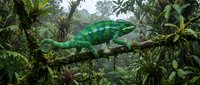 Green chameleon perched on moss-covered branch in lush tropical rainforest with dense vegetation and misty atmosphere for wildlife and nature projects.