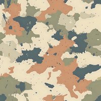 Abstract military camouflage pattern in desert colors with beige, navy blue and coral spots on textured background. Seamless repeat design for fabric and print.