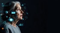 Senior woman with gray hair surrounded by digital technology interface icons and data visualization elements on dark background for business presentations.