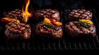 Grilled beef tenderloin steaks with flame, rosemary sprigs and colorful bell peppers on black grill grate against dark background, dramatic food photography.