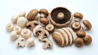 Assorted fresh and sliced mushrooms including button, cremini, and portobello varieties arranged on white background for culinary and cooking projects.