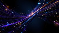 Glowing purple and blue light trails with sparkles on dark background create dynamic motion effect with bright particles and energy streams flowing through space.