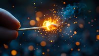 Burning match with bright flame and sparks against dark blue background with bokeh lights creates magical atmosphere for creative design projects.